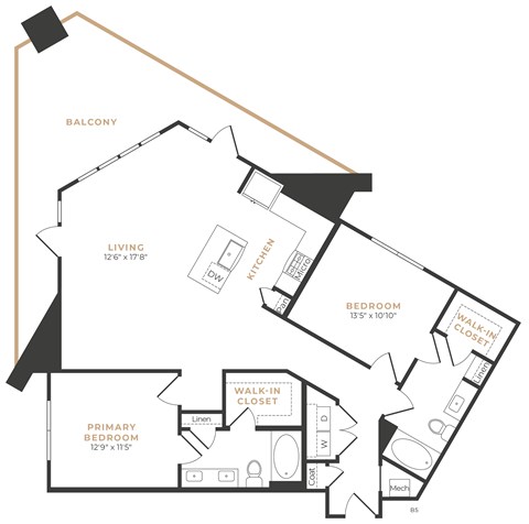 Floor plan for 2 beds, 2 baths, 1308 sqft